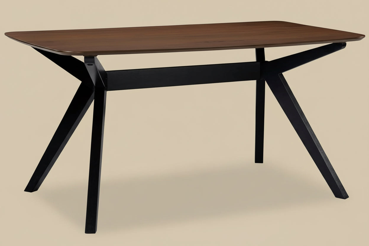 Dining table with wooden top and black metal legs on a white background