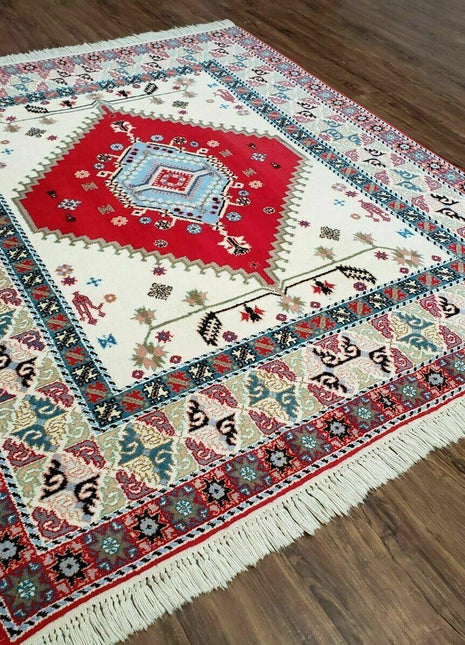 Vintage Moroccan Carpet 5x7 Area Rug, Berber Rug, Handmade Soft Wool Rug, Red Ivory and Blue, Geometric Medallion Rug, Bohemian Rug, Nice-1