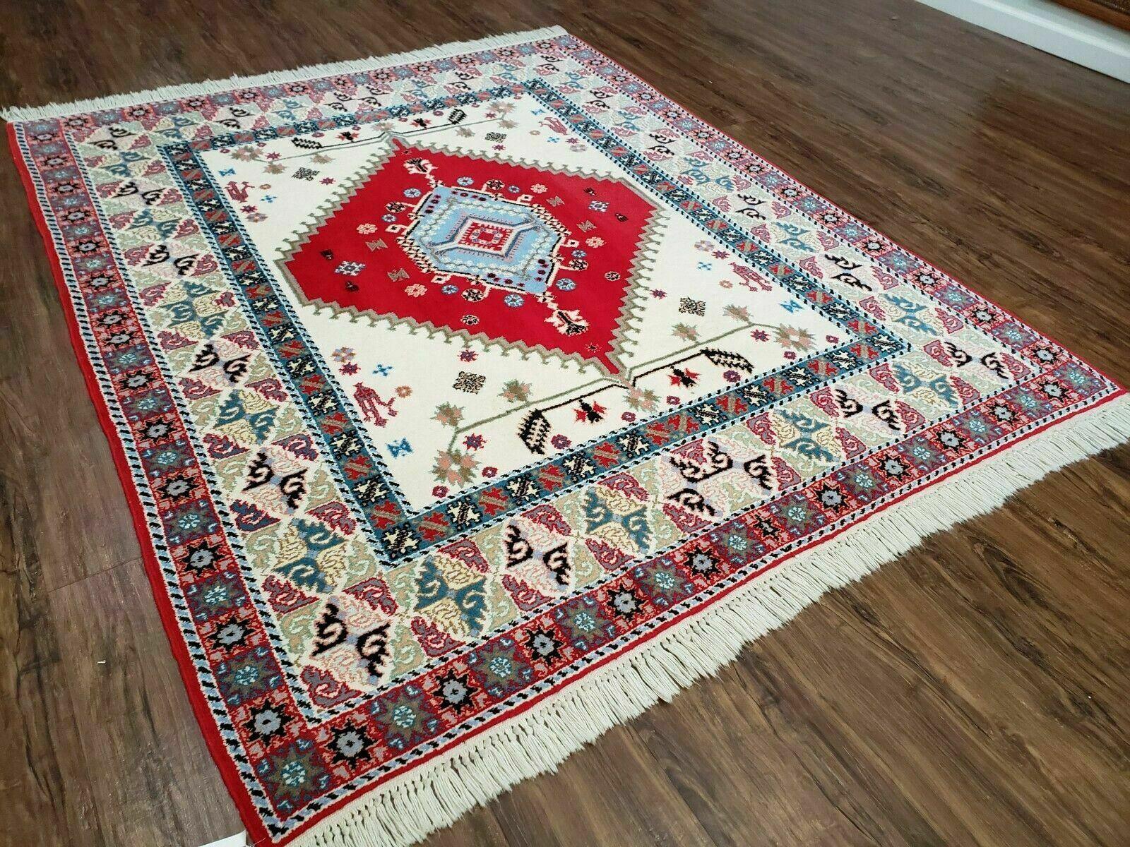 Vintage Moroccan Carpet 5x7 Area Rug, Berber Rug, Handmade Soft Wool Rug, Red Ivory and Blue, Geometric Medallion Rug, Bohemian Rug, Nice-1