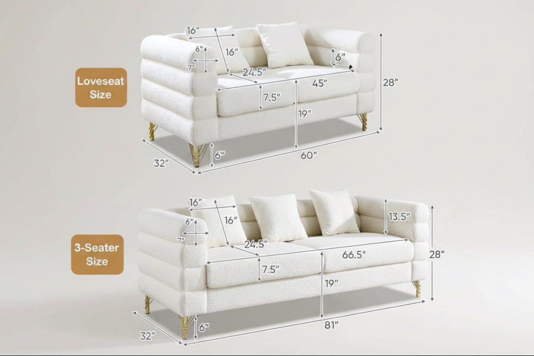 Two Piece Living Room Sofa Set White Teddy Boucle With Loveseat And Three Seater Deep Seat Cushioned Upholstered Sofa-1