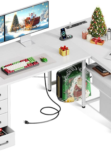 L Shaped Computer Desk with 6 Drawers & Power Outlet, 55 Inch Corner Desk with Reversible Storage Shelf & File Drawer, Home Office Desk, White-0