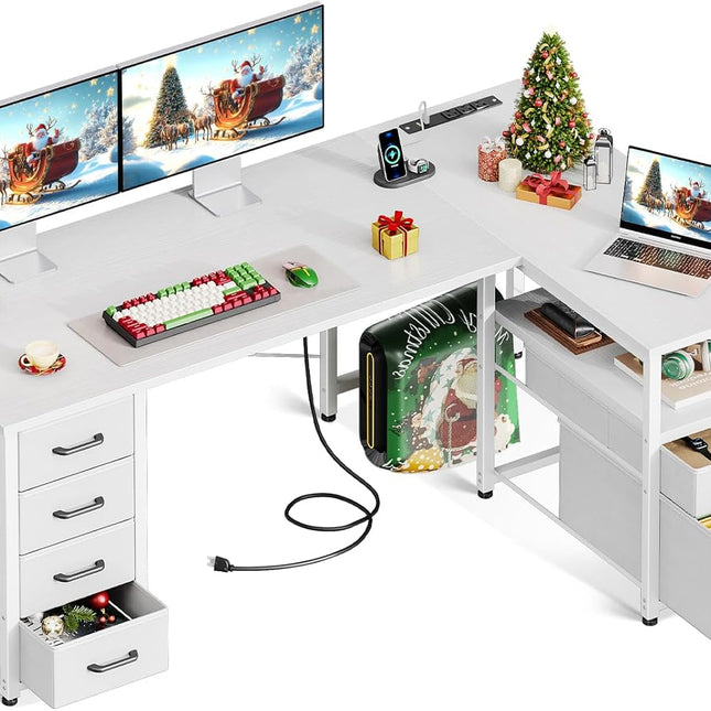 L Shaped Computer Desk with 6 Drawers & Power Outlet, 55 Inch Corner Desk with Reversible Storage Shelf & File Drawer, Home Office Desk, White-0