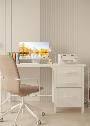 White Computer Desk with Fabric File Drawers Cabinet, 47 Inch Home Office Desks with Filing Cabinet for Small Space, Modern Writing Table PC Desks, White-1
