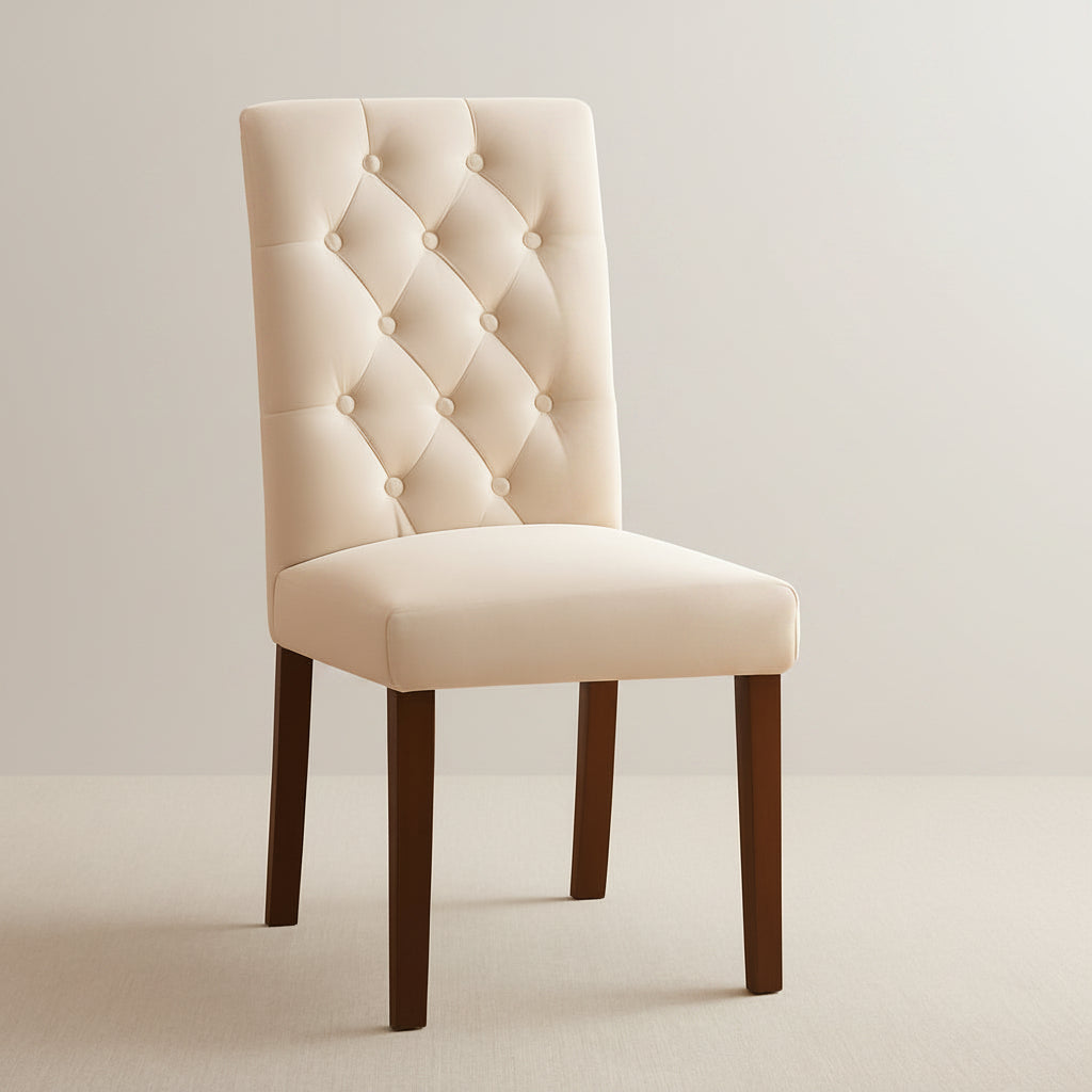 Beige upholstered chair with wooden legs in a room setting