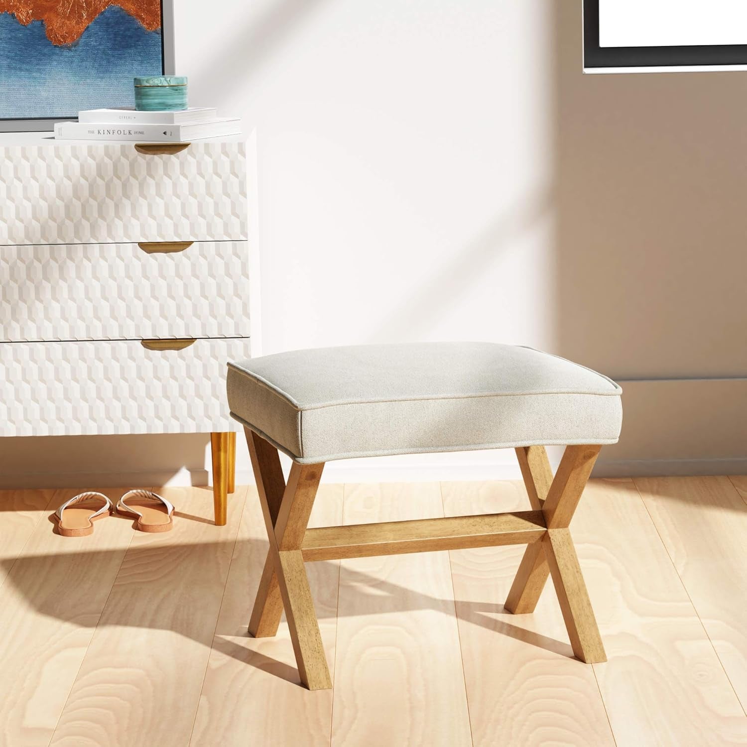 Hardy Haus Small Ivory Upholstered Ottoman Footrest with X-Frame