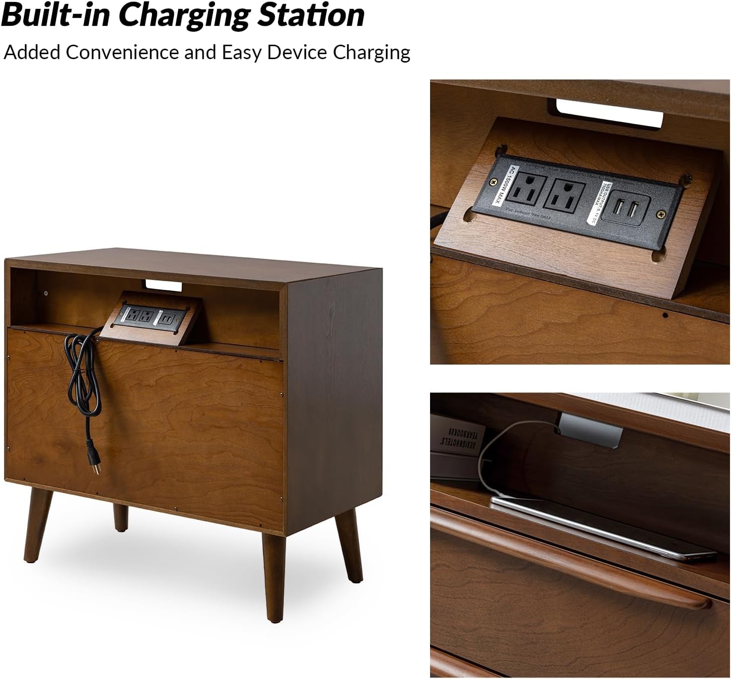 Wooden furniture with built-in charging station and power outlets.