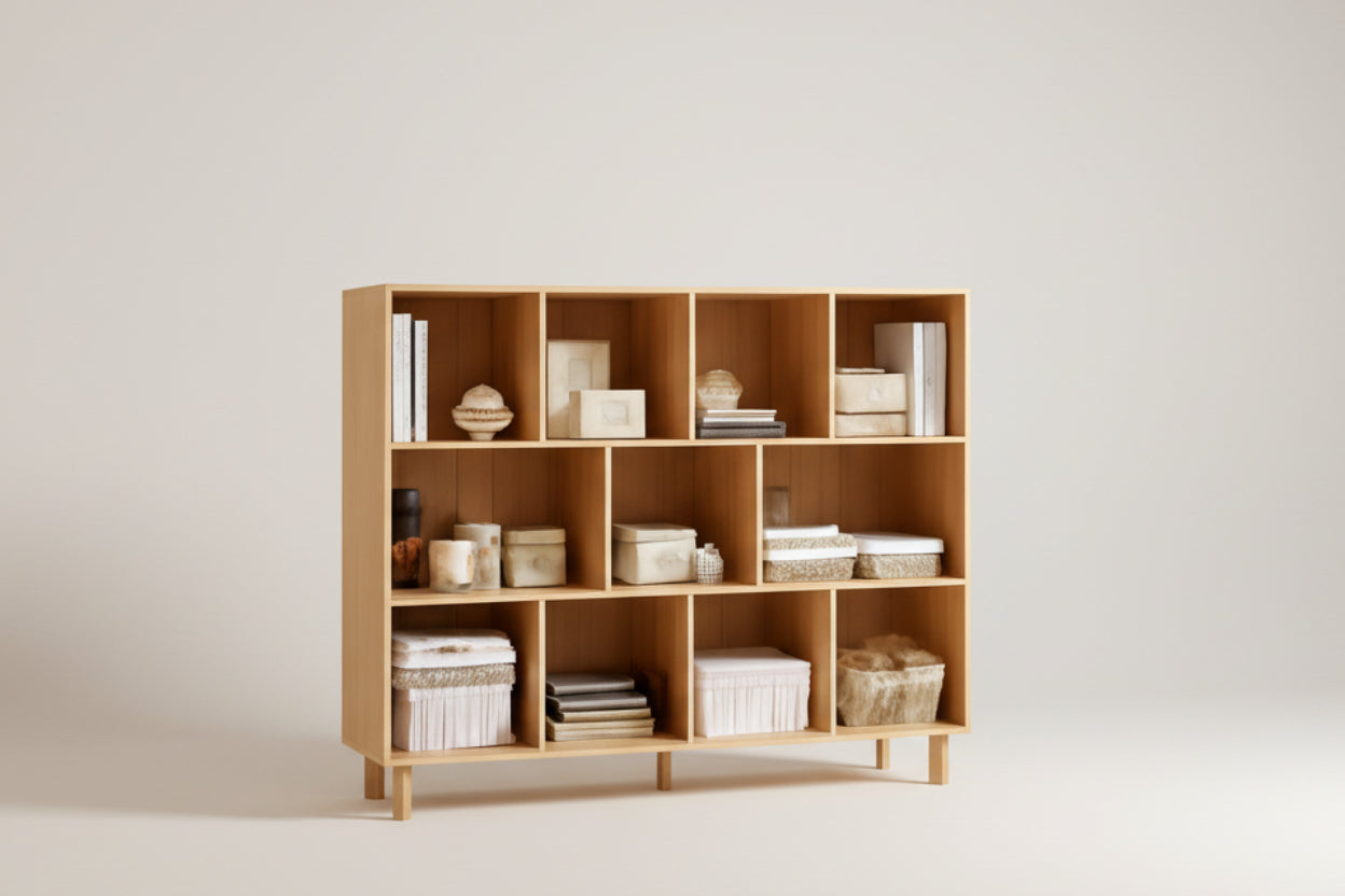 Wooden bookshelf with decorative items against a beige wall