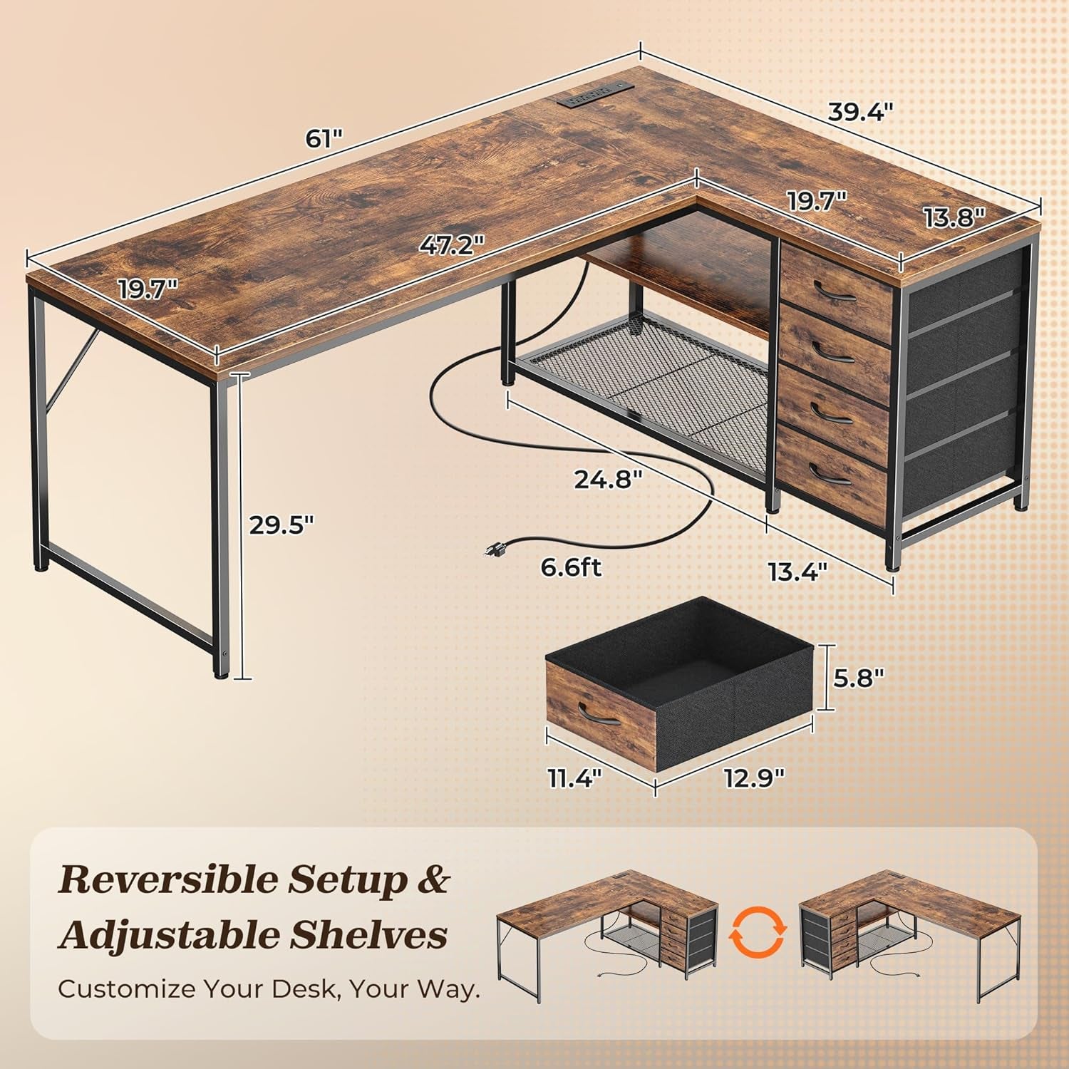 L-shaped desk with dimensions and reversible setup feature on a beige background
