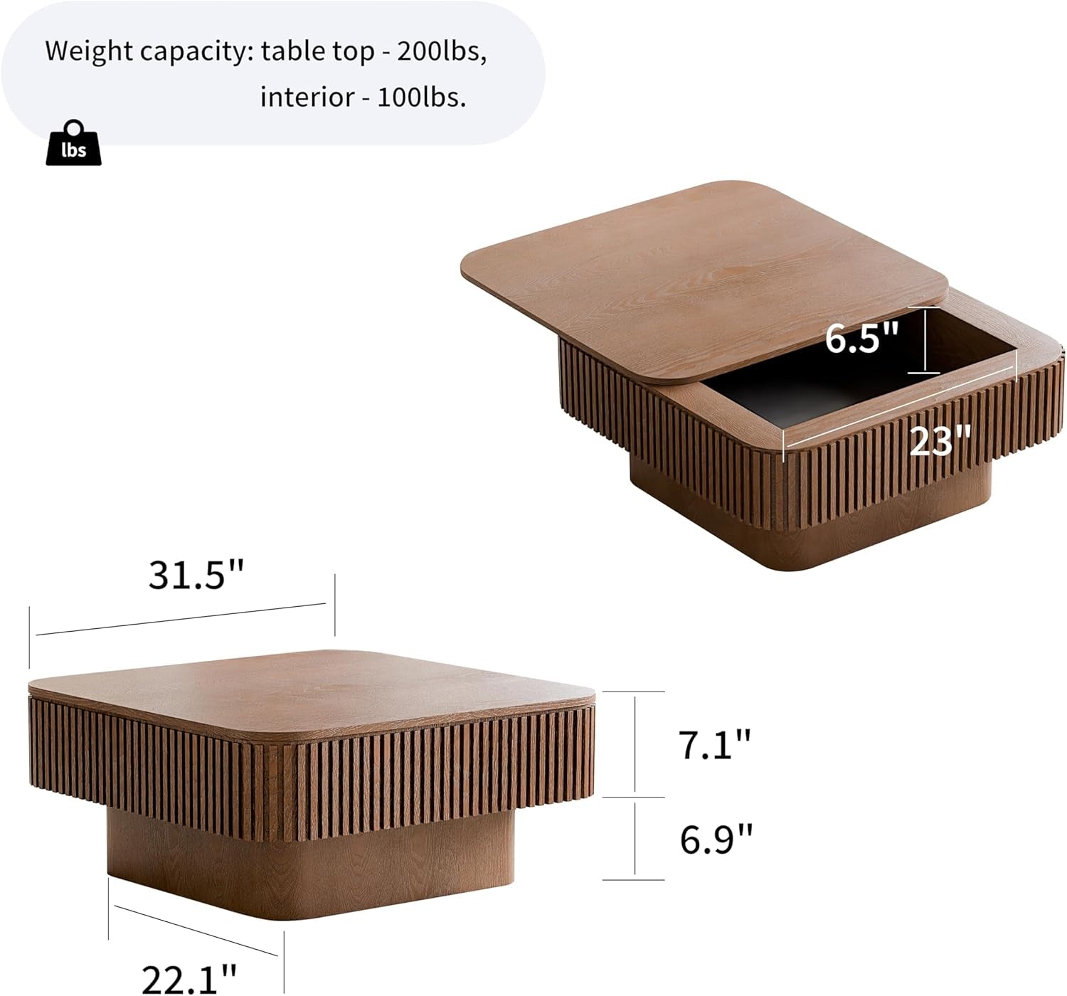 Brown rectangular storage box with dimensions and weight capacity information on a white background