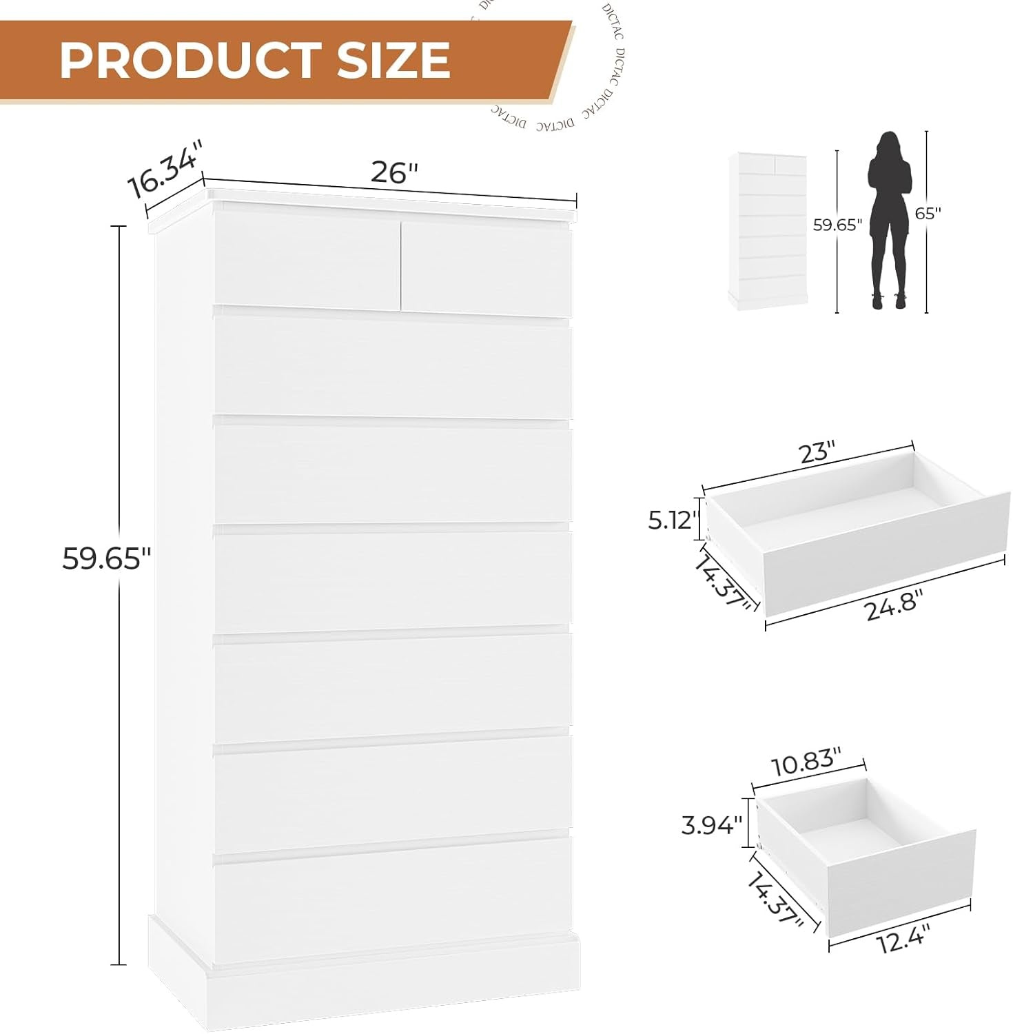 White dresser with dimensions labeled on a white background