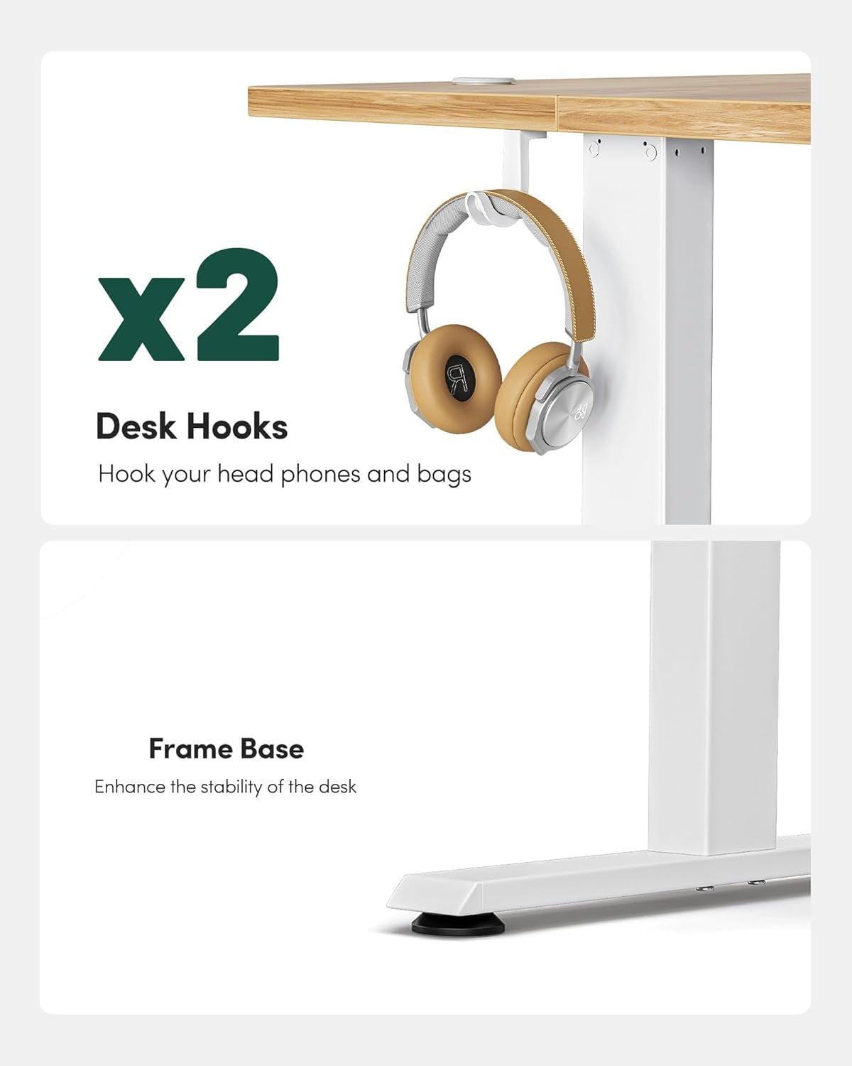 Desk with two desk hooks, one of which is holding a pair of headphones.