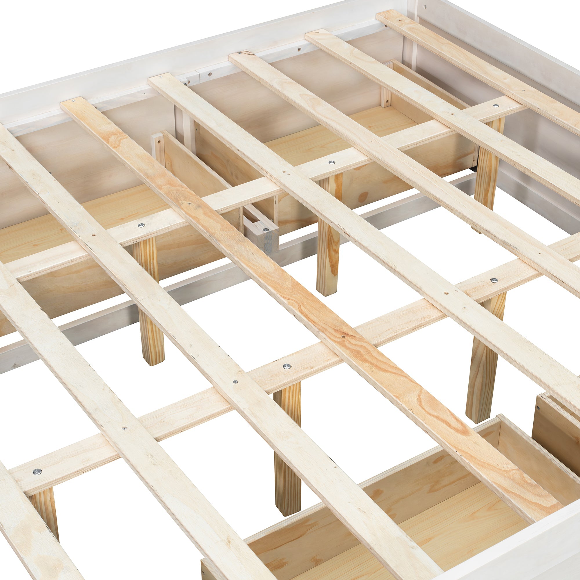 Platform Bed Frame with 4 Storage Drawers and Footboard Storage Cubby,