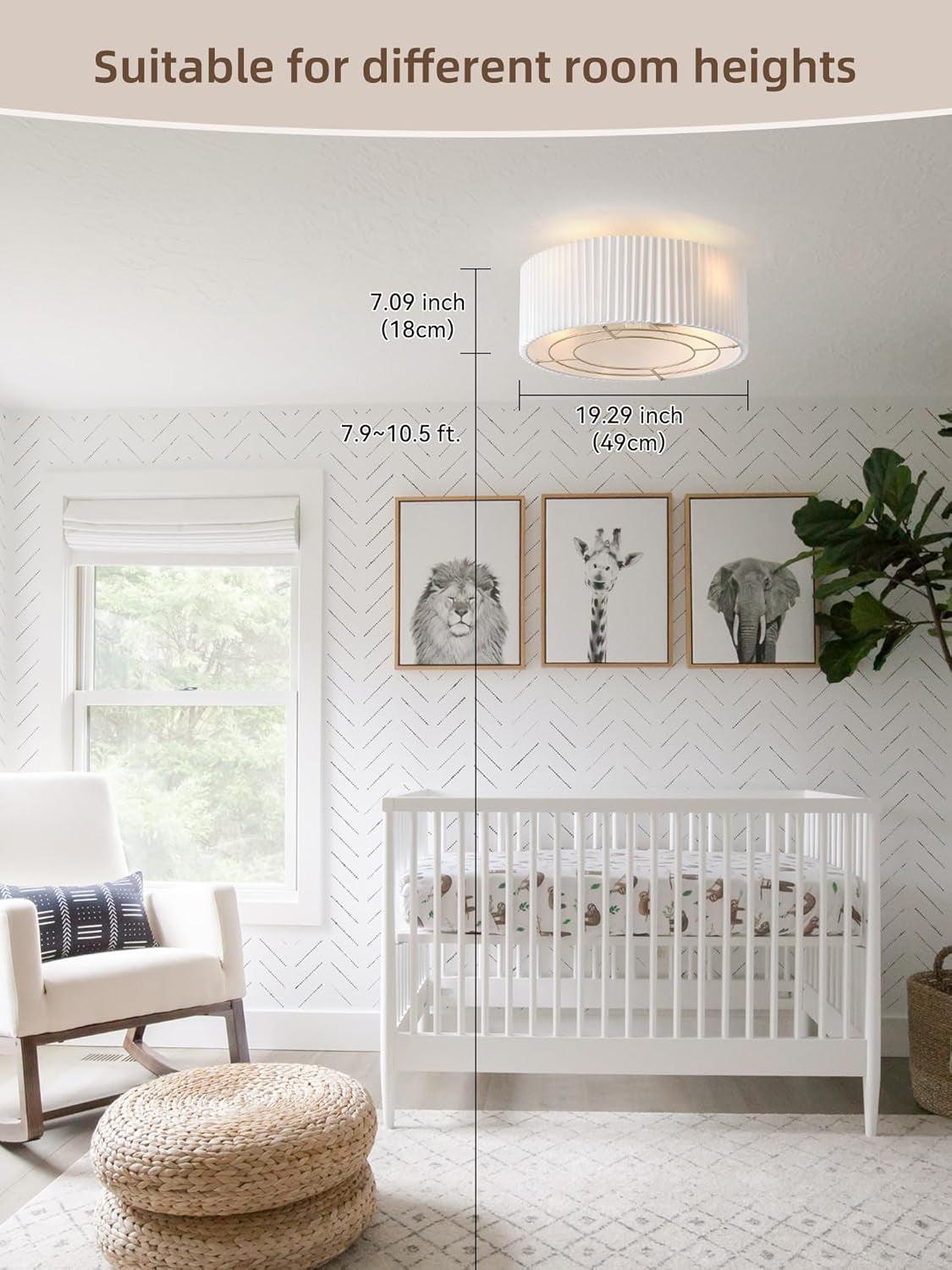 Ceiling light fixture in a nursery with measurements and text indicating suitability for different room heights.