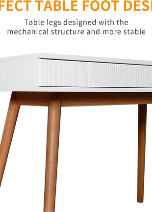 White Writing Desk with Drawers Mid Century Modern Desk, Wood Office Desk Computer Desk Vanity Desk for Small Space, White Desk with Walnut Legs-4