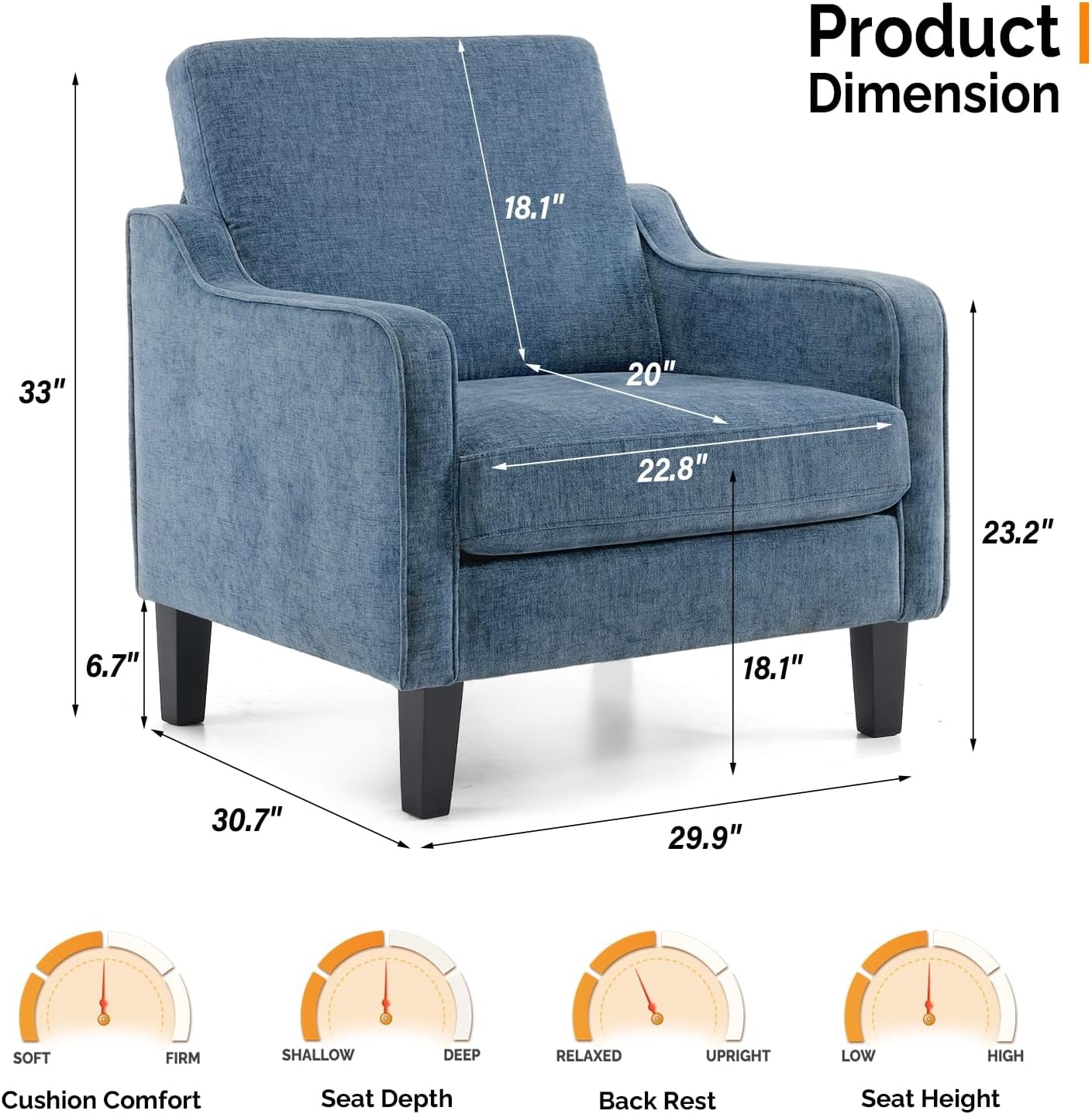 Blue armchair with dimensions labeled on a white background