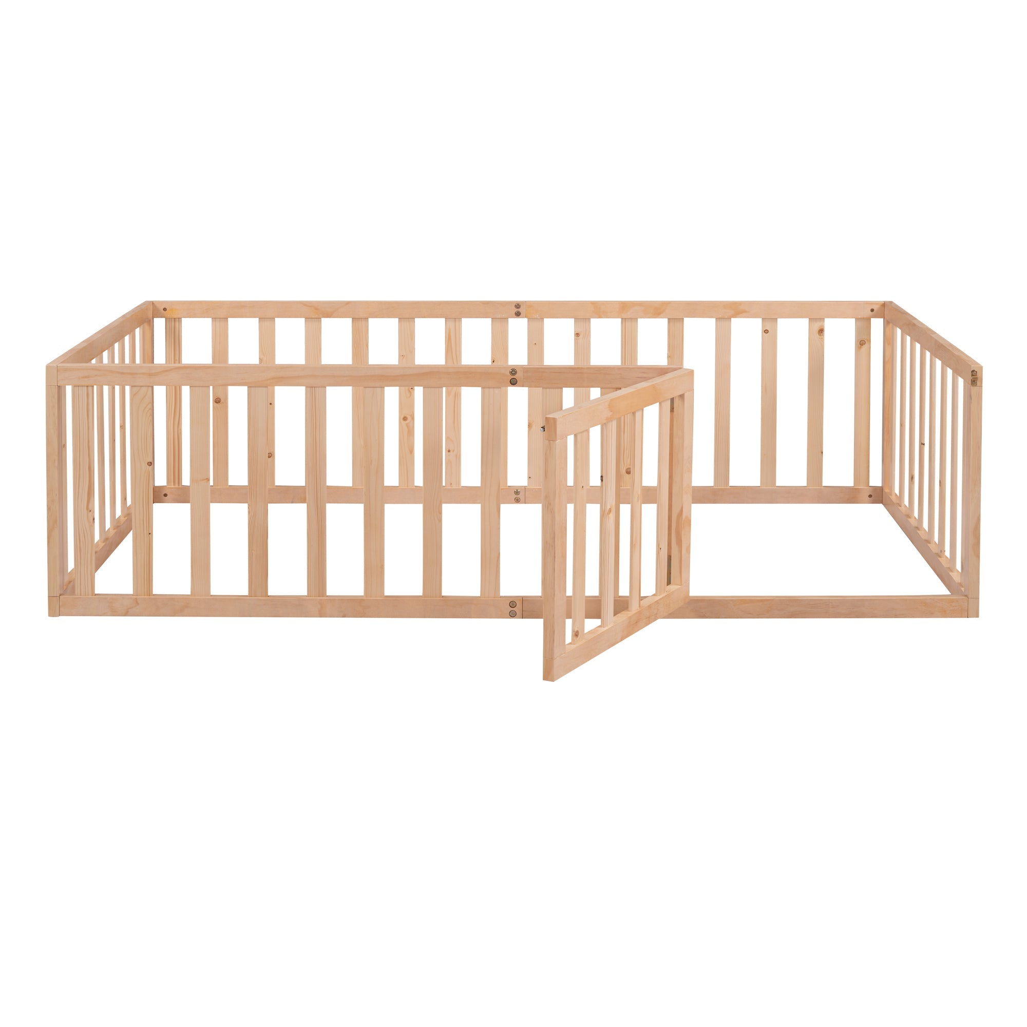 Twin Size Wood Floor Bed Frame with Fence and Door