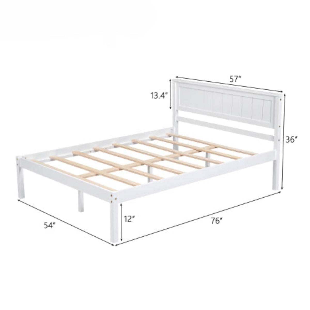 White bed frame with wooden slats and dimensions labeled on a white background