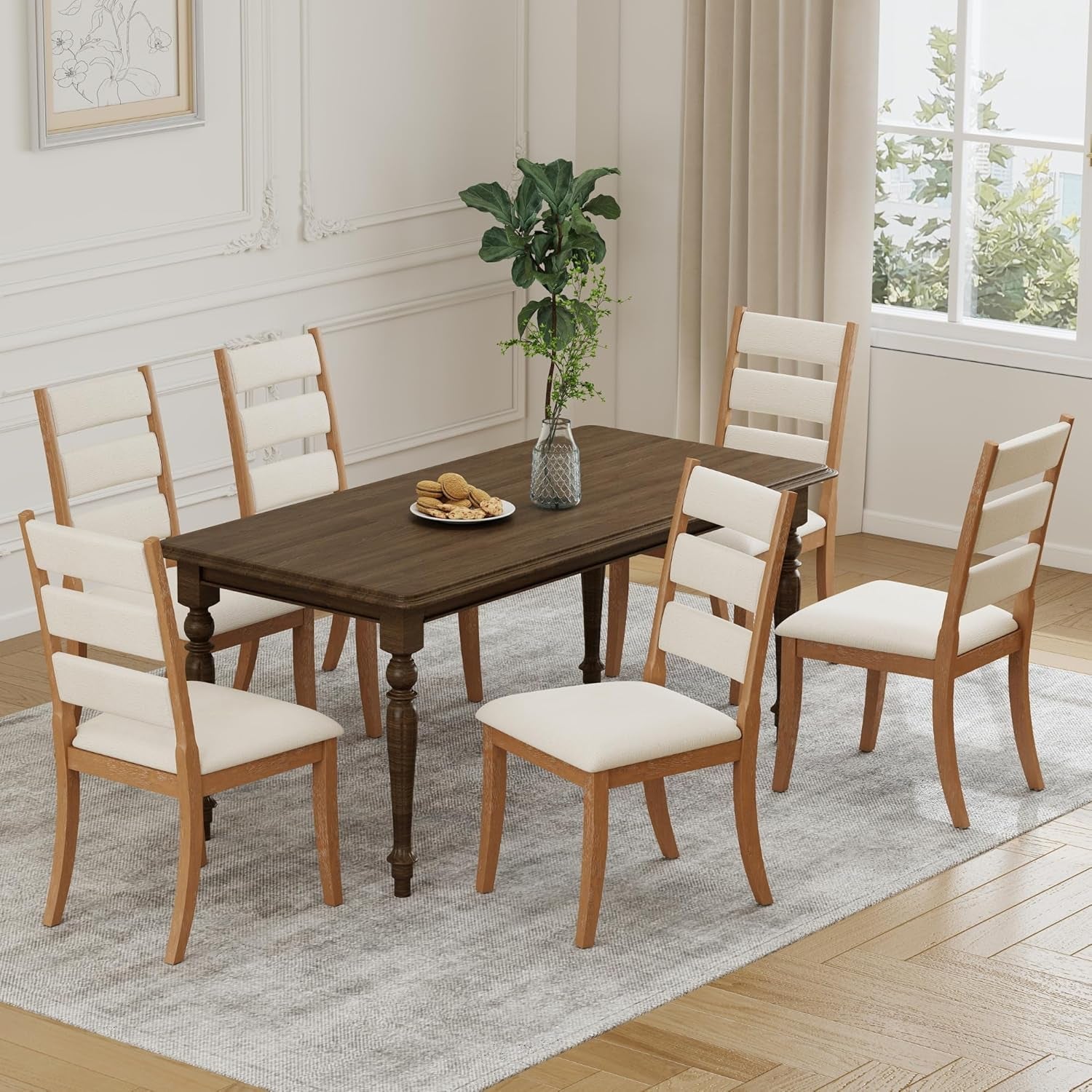 Dining room set with wooden table and chairs in a well-lit room.