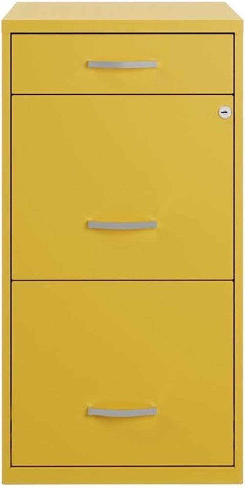 Yellow three-drawer filing cabinet with silver handles.