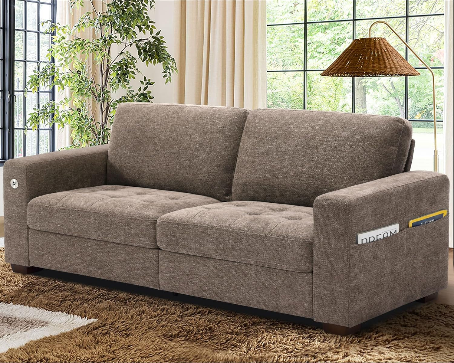 Sofas for Living Room, Chenille Loveseat Couch Set, Small Sofa, 3 Seater Sofa, USB Charging, Removable Sofa Cover,Solid Wood Frame, Easy to Install(89Inch,Brown)-0