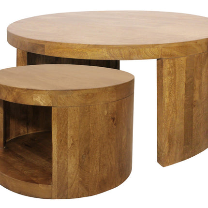 Set of Two Walnut Solid Wood Round Distressed Solid Nested Coffee Tables-7