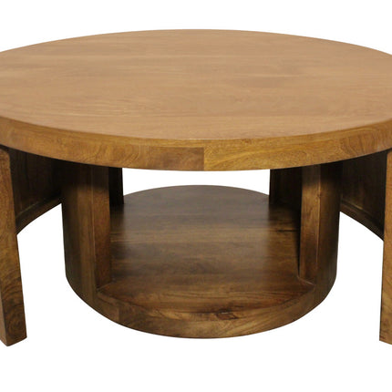 Set of Two Walnut Solid Wood Round Distressed Solid Nested Coffee Tables-1