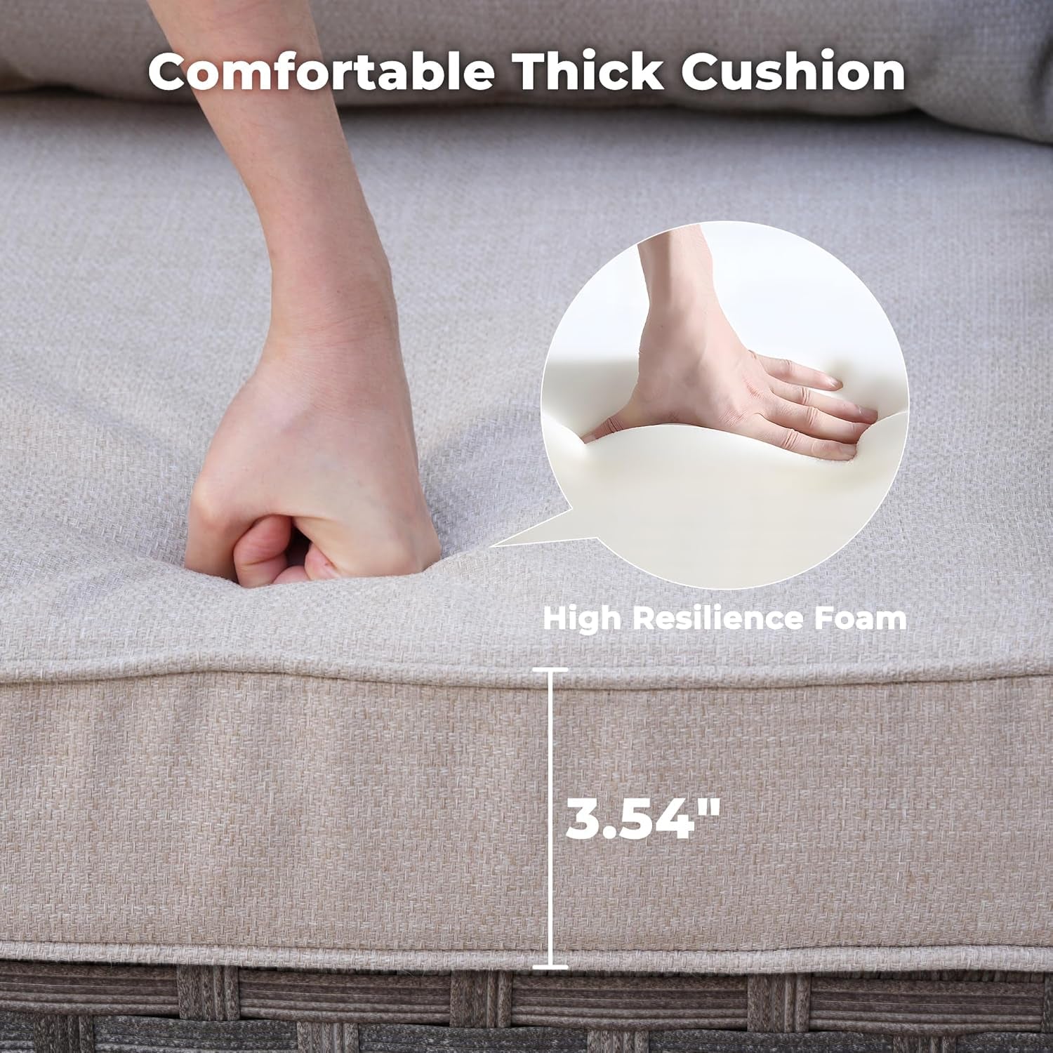 Mattress pad with a hand demonstrating the thickness of the cushion and high resilience foam layer.