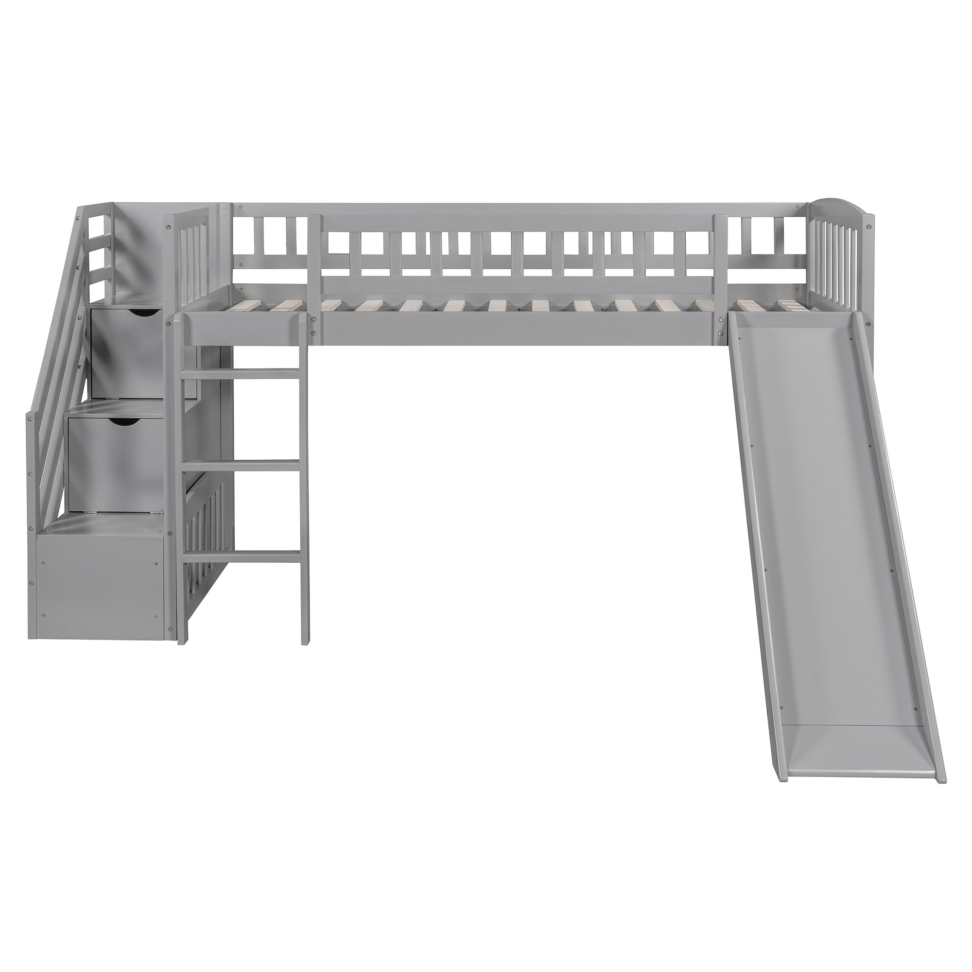 Stairway Twin Size Loft Bed with Two Drawers and Slide