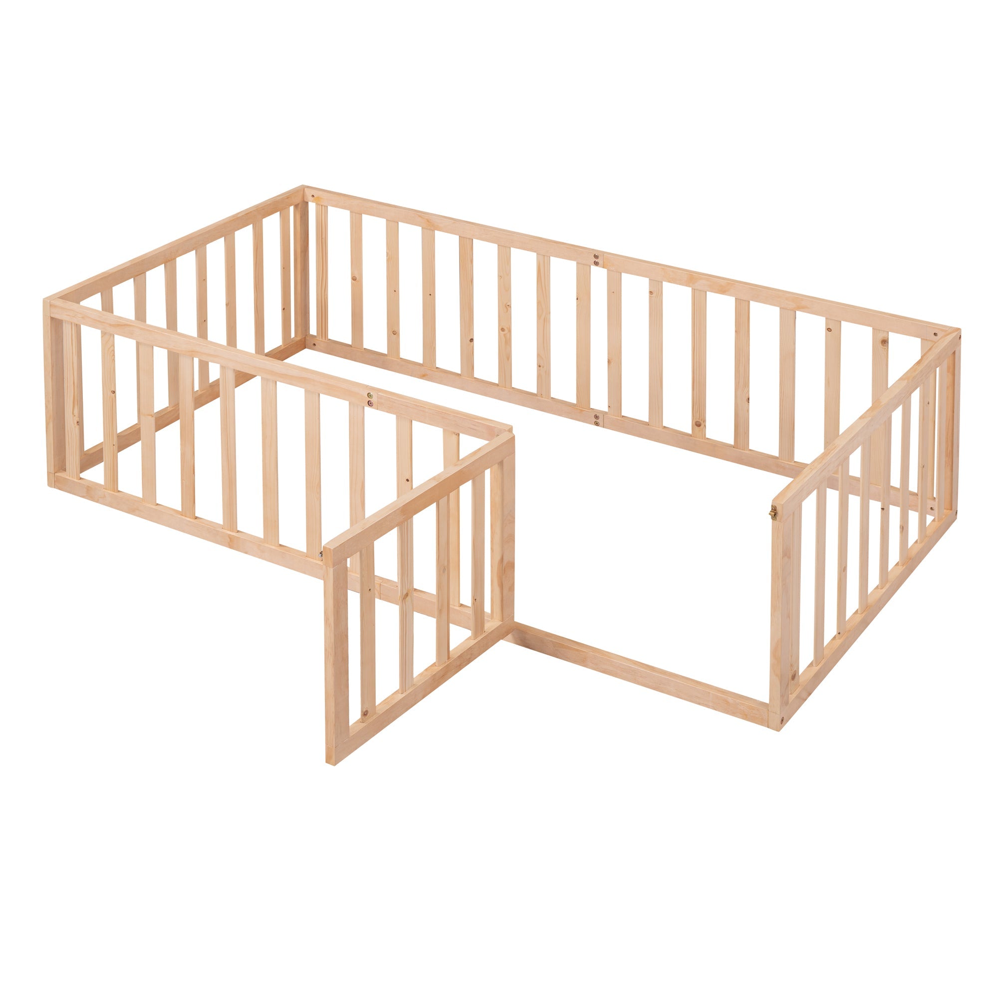 Twin Size Wood Floor Bed Frame with Fence and Door