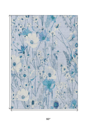 5' X 8' Sky Blue And Denim Blue Floral Washable Indoor Outdoor Area Rug-2