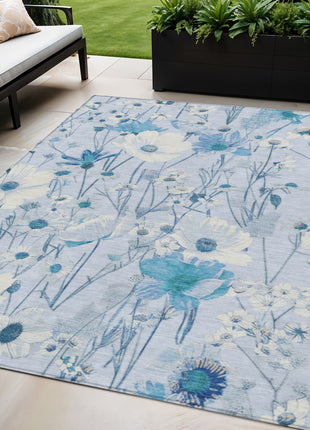 5' X 8' Sky Blue And Denim Blue Floral Washable Indoor Outdoor Area Rug-0