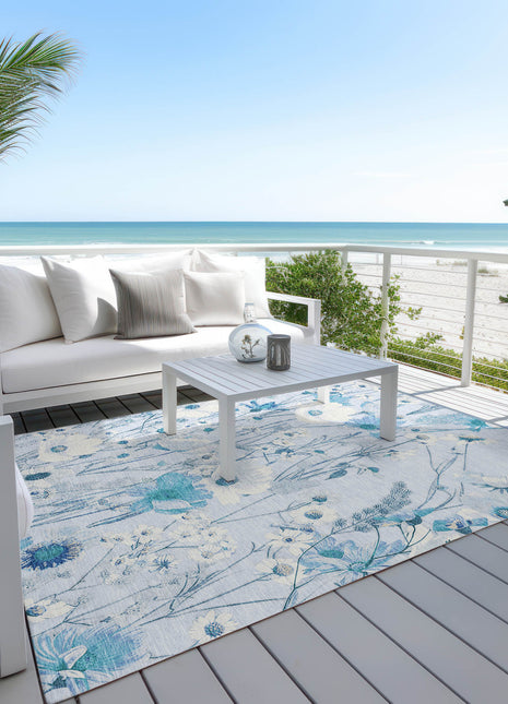 5' X 8' Sky Blue And Denim Blue Floral Washable Indoor Outdoor Area Rug-6