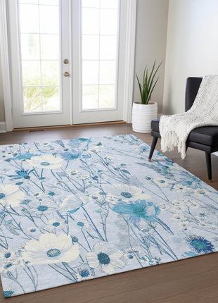 5' X 8' Sky Blue And Denim Blue Floral Washable Indoor Outdoor Area Rug-7