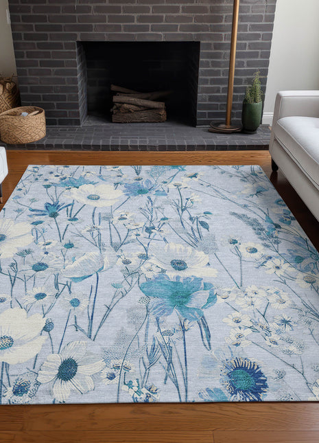 5' X 8' Sky Blue And Denim Blue Floral Washable Indoor Outdoor Area Rug-8