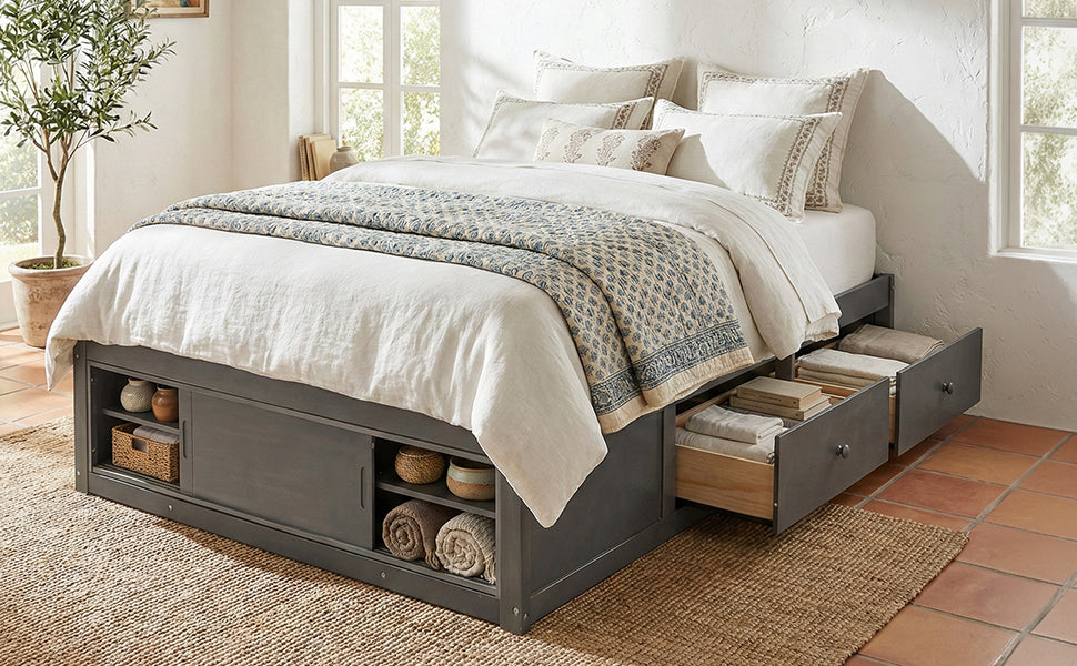 Platform Bed Frame with 4 Storage Drawers and Footboard Storage Cubby,