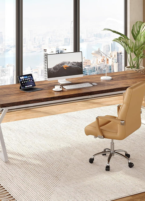 78.7 Inch Large Executive Desk, Modern Computer Office Desk, Wooden Writing Desk Study Table for Home Office, Rustic Brown-White-4