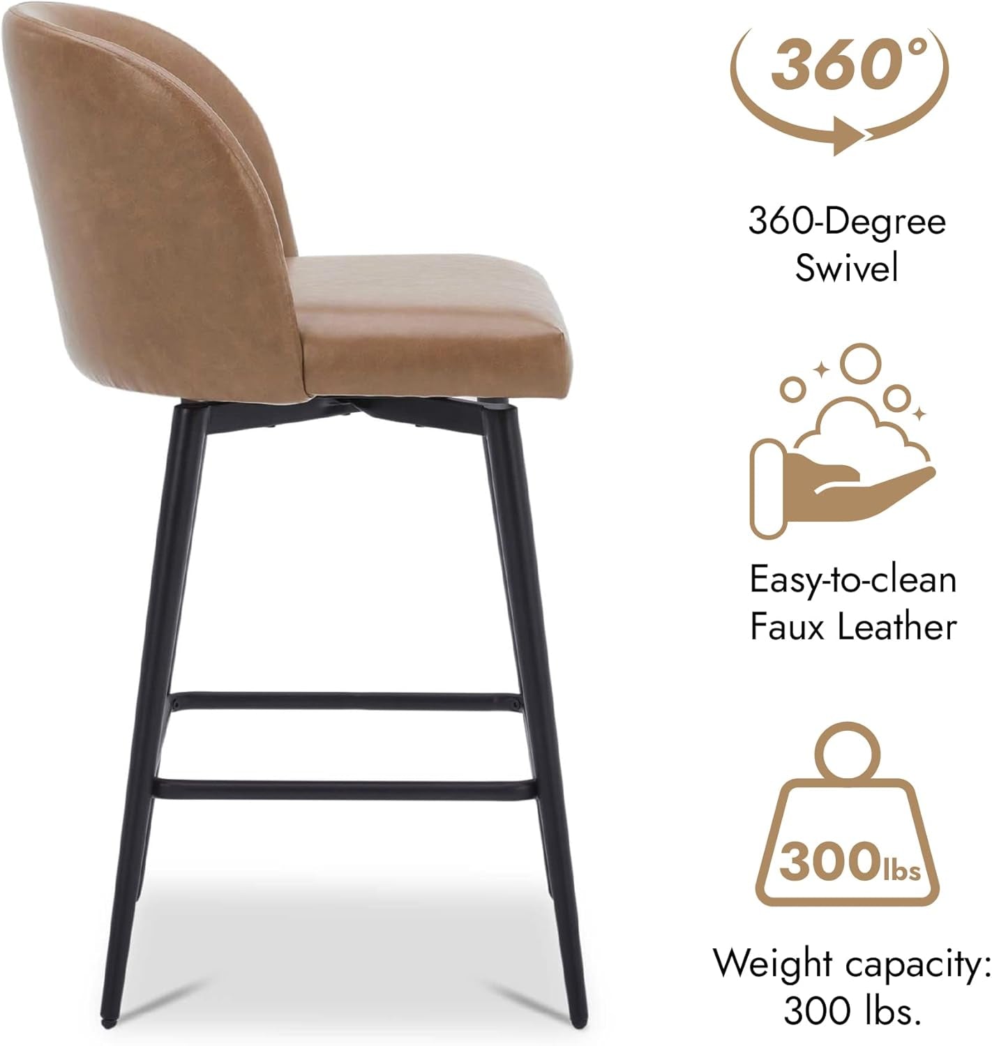 Brown bar stool with black legs on a white background, featuring 360-degree swivel, easy-to-clean faux leather, and weight capacity text.