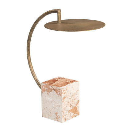 Table lamp with marble base and brass arm on a white background