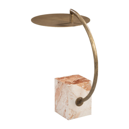 Small side table with marble base and brass arm on a white background