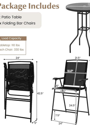 3 PCS Patio Table and Chairs Set, Bistro Furniture with DPC Tabletop, Umbrella Hole, Outdoor Bar Set with round Table and 2 Folding Counter Height Chairs for Poolside, Deck, Porch, Black-3