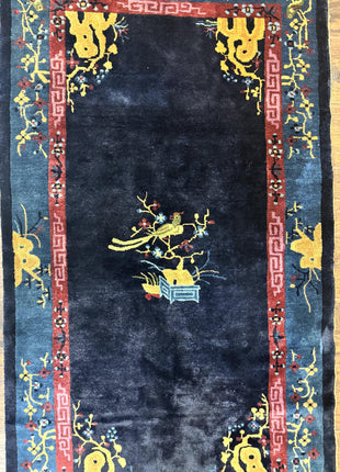 Antique Chinese Peking Rug 3x6, Dark Blue, Bird Motif, Handmade Wool Art Deco Asian Oriental Carpet, Pair B-3