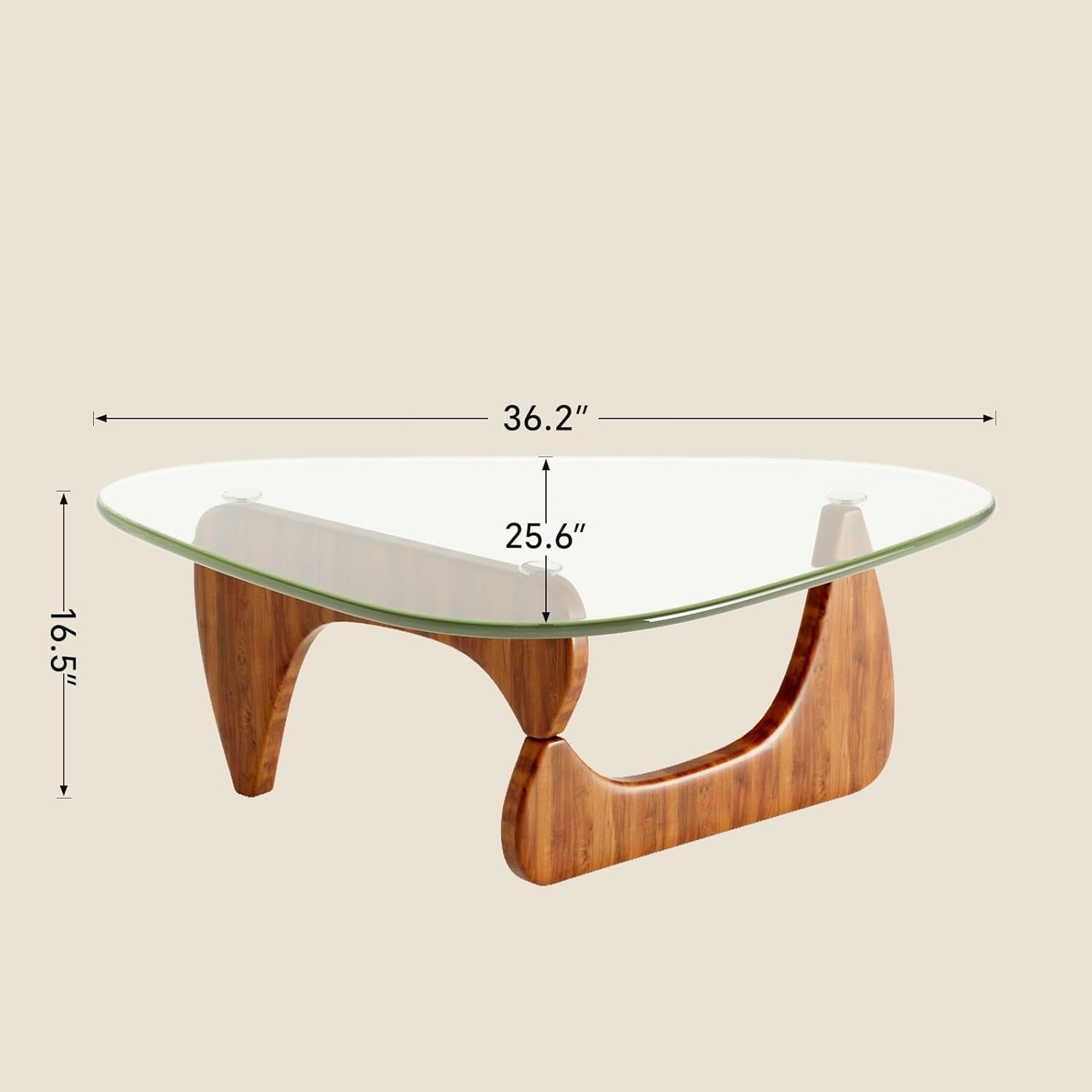 Wooden coffee table with glass top and dimensions on a beige background