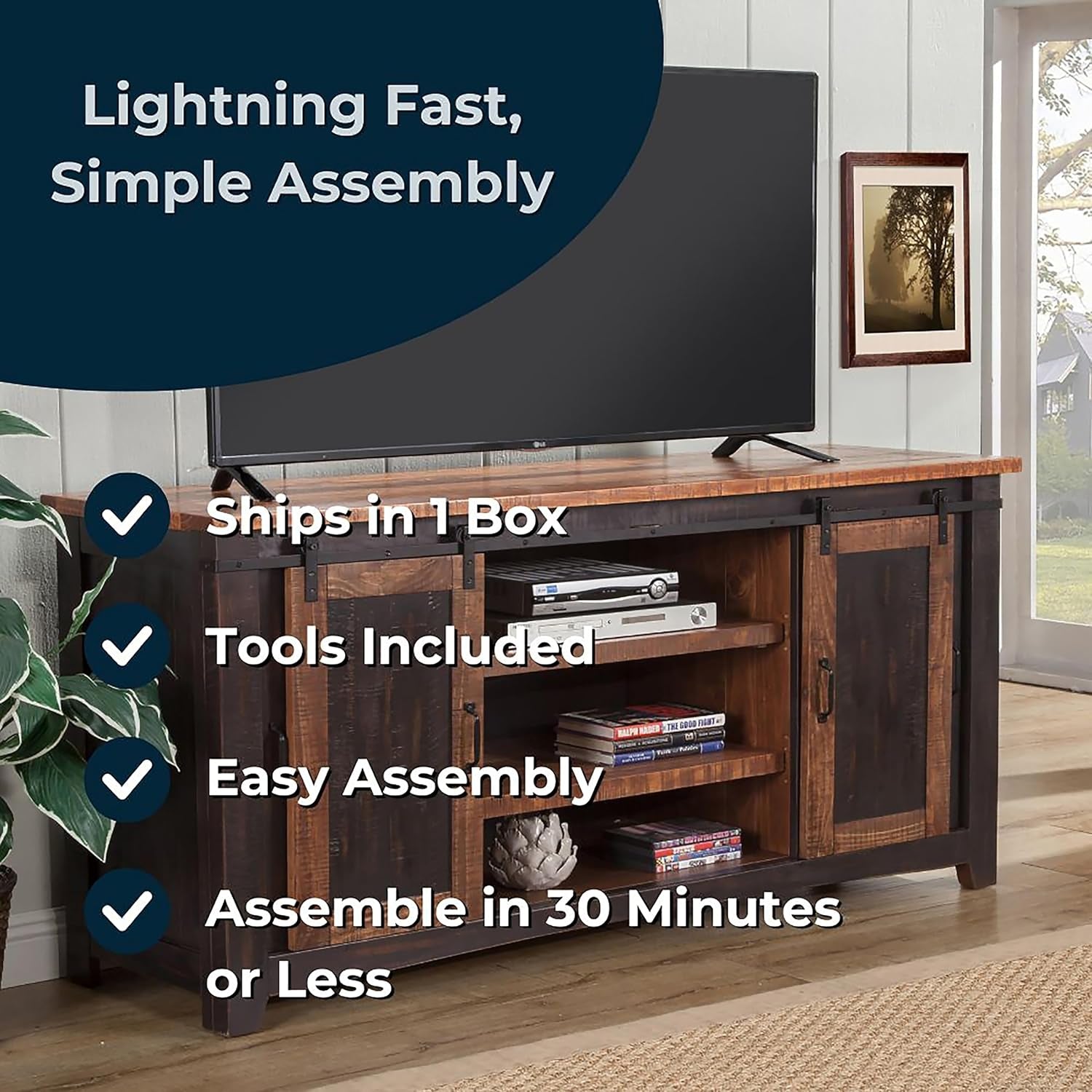Wooden TV stand with a television on top, featuring assembly information.