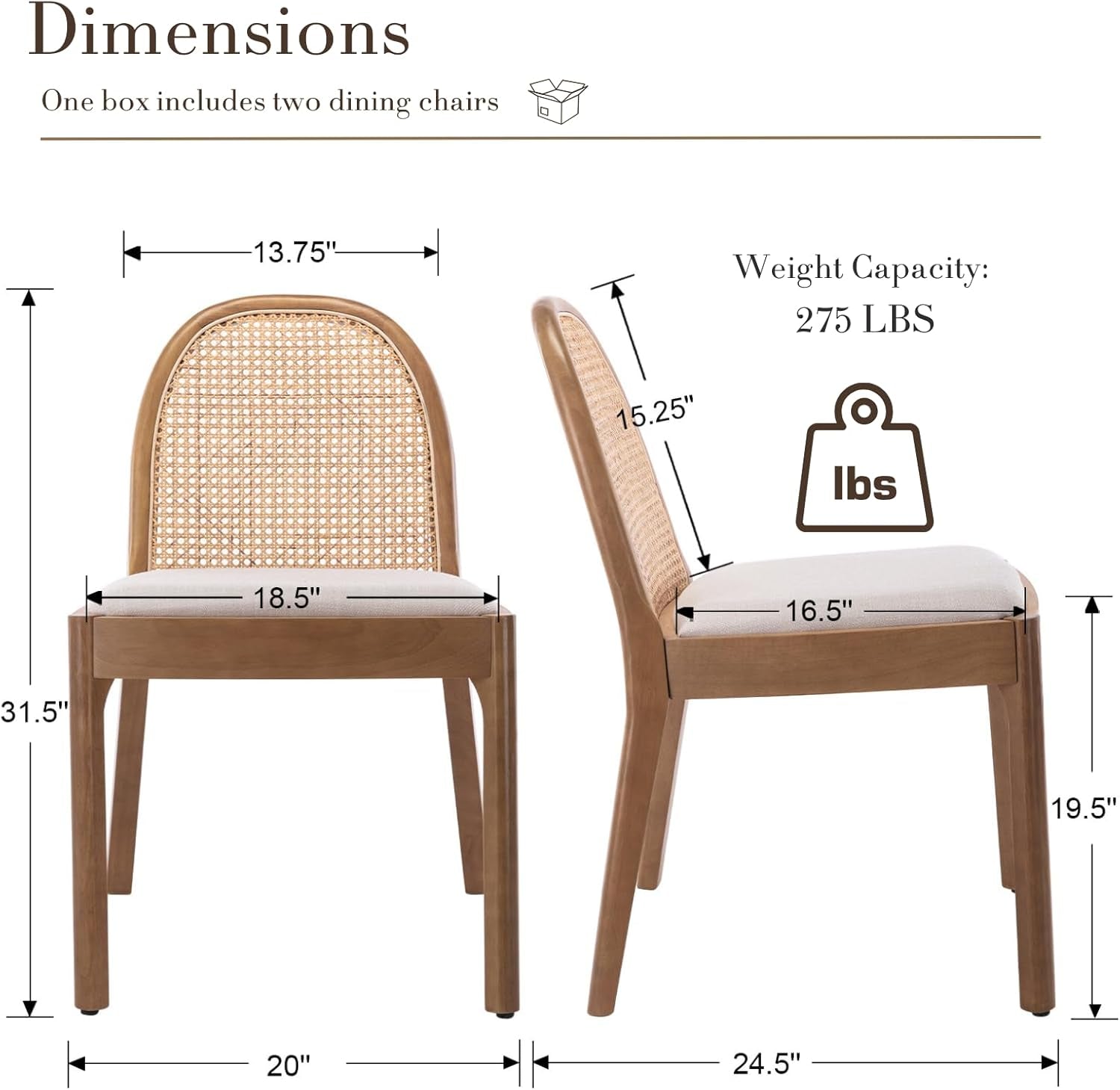Dimensions of two dining chairs with measurements and weight capacity displayed.