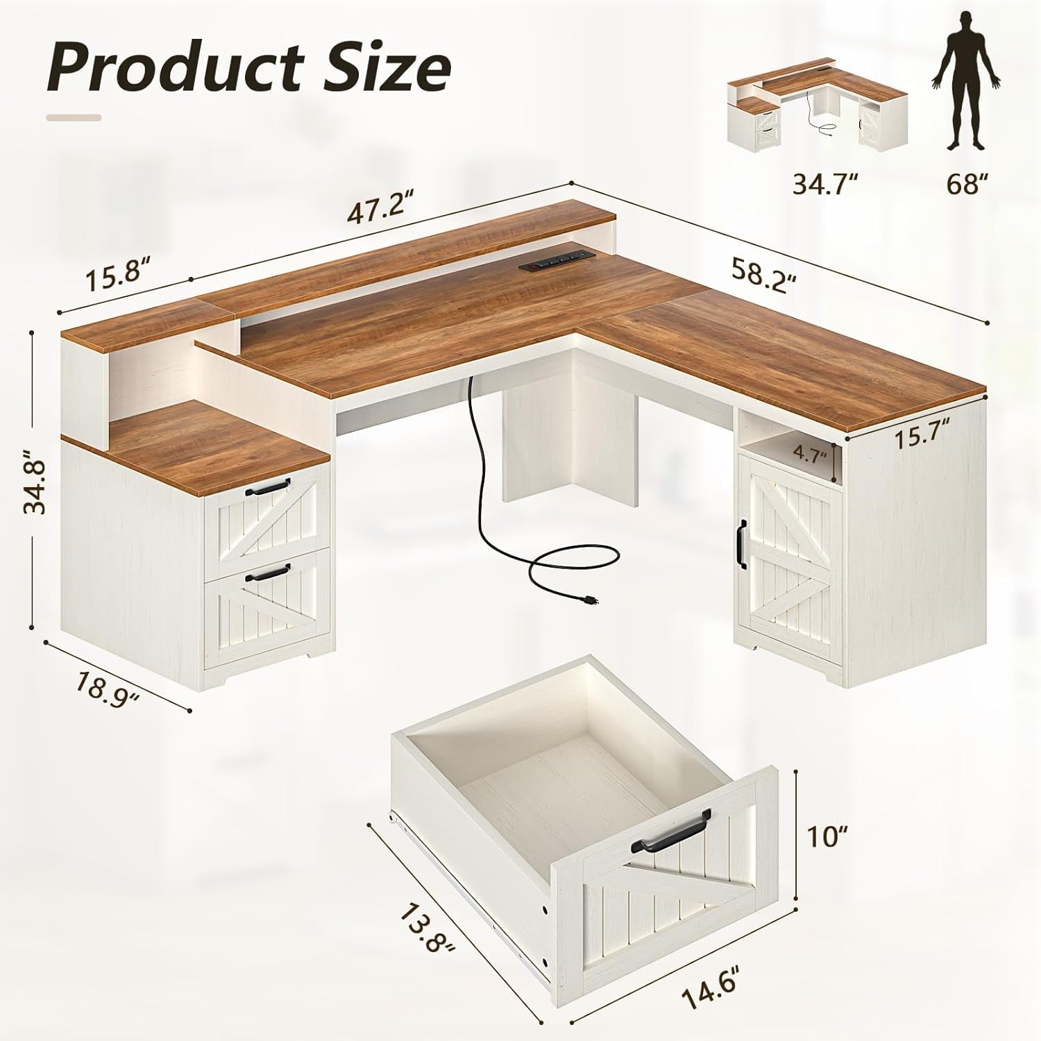 L-shaped desk with dimensions labeled on a white background