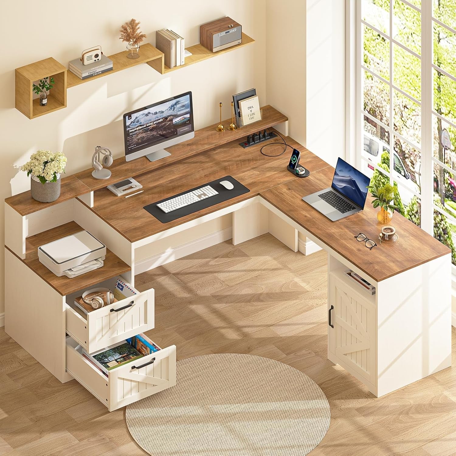 Modern L-shaped desk with office equipment in a bright room.