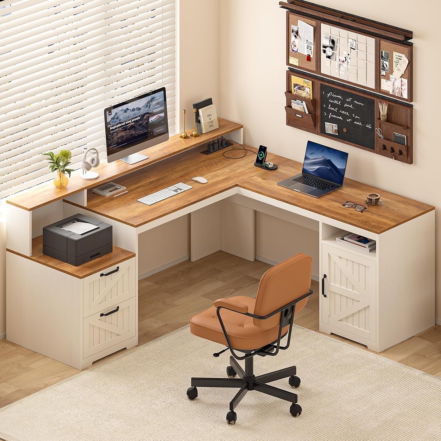 Corner office desk with computer setup, chair, and wall-mounted notice board.