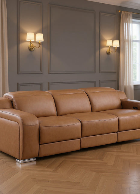 103" Chestnut Italian Leather Reclining USB Sofa