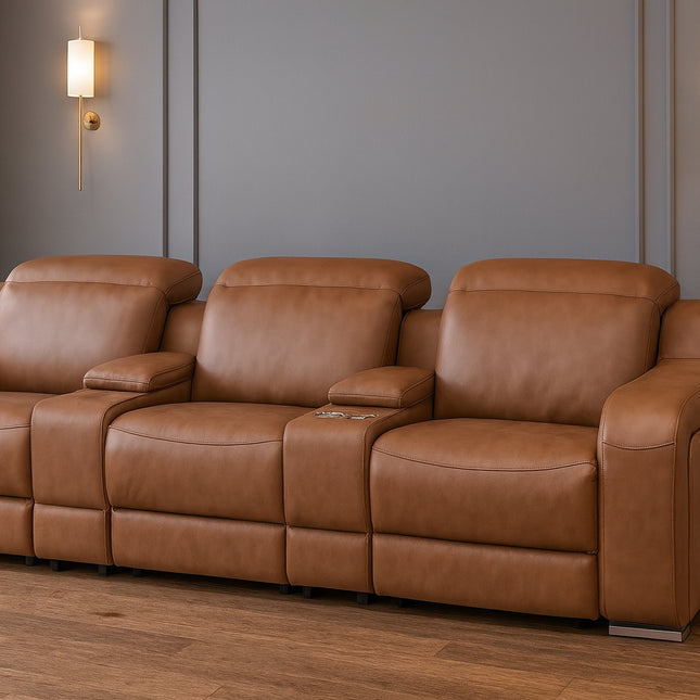 129" Chestnut Italian Leather Reclining USB Sofa