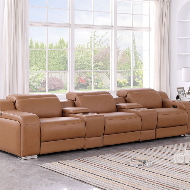 129" Chestnut Italian Leather Reclining USB Sofa